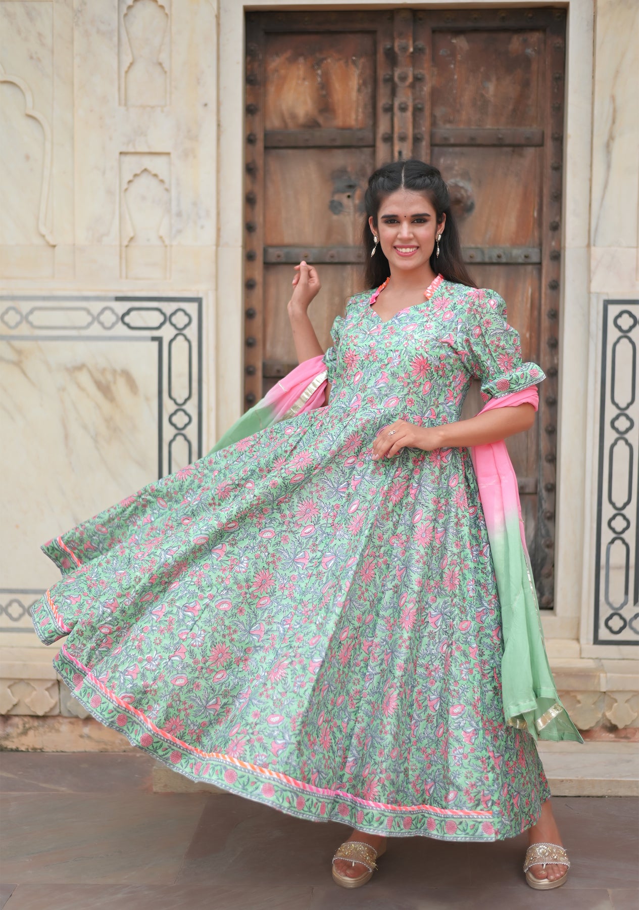 Pink Blue Floral Chanderi Anarkali Suit Set – Lado Jaipuri